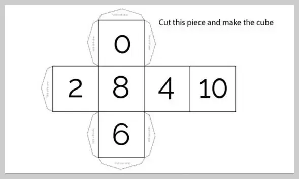 A flat net of a cube with numbers 0, 2, 8, 4, 10, and 6 on its faces, with instructions to cut and assemble.