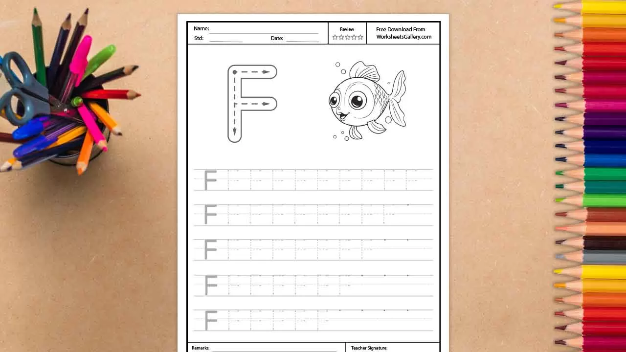 A white worksheet for tracing the uppercase letter F, featuring a large outlined 'F' with dotted lines and directional arrows, next to a cute cartoon fish illustration. The worksheet is surr