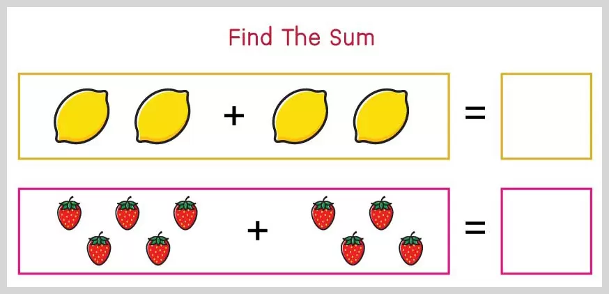 Picture addition worksheet using lemons and strawberries to teach basic math to young children