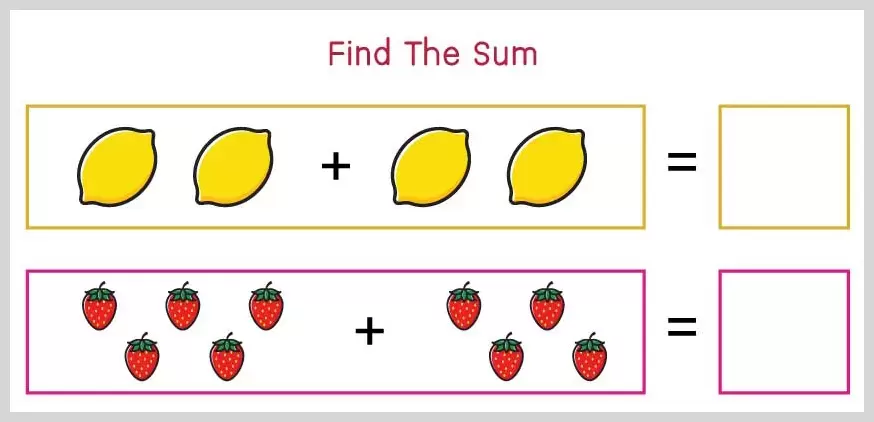 Picture addition worksheet using lemons and strawberries to teach basic math to young children