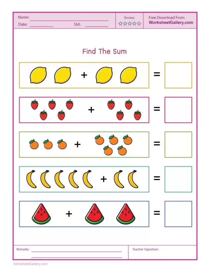 Fun Fruit Picture Addition Worksheet: Sums Up to 10