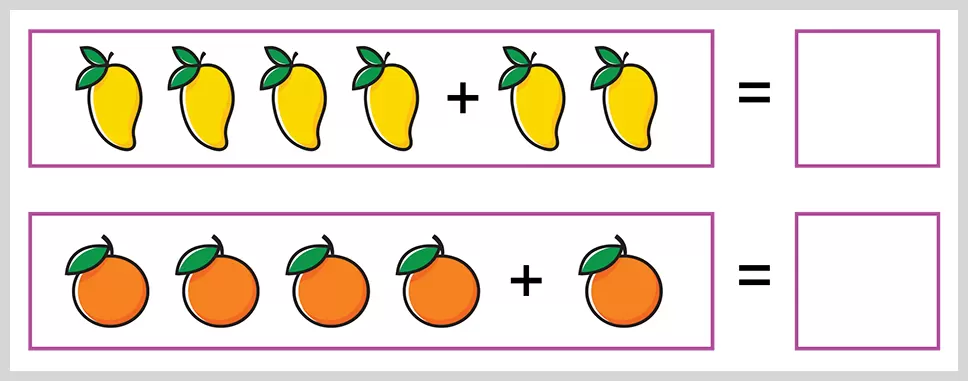 Children solve a picture addition worksheet by counting mangoes and oranges to find the total