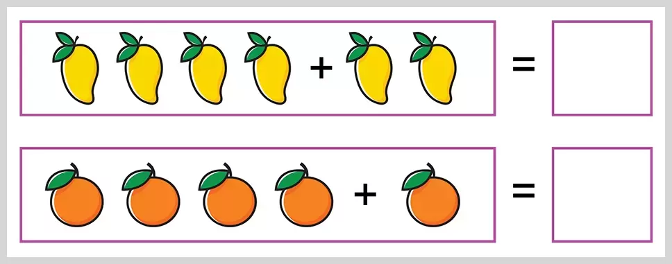 Children solve a picture addition worksheet by counting mangoes and oranges to find the total