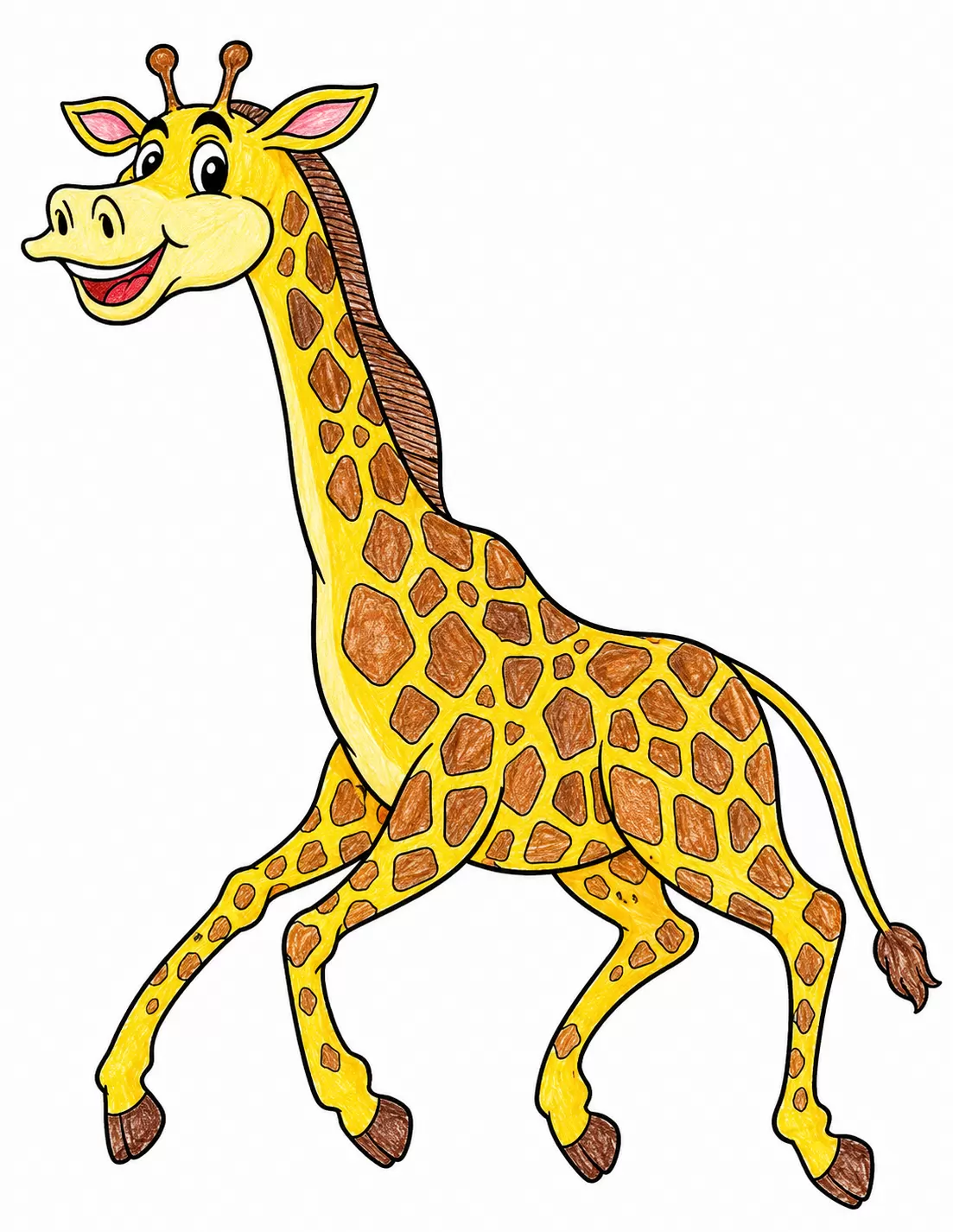 A cartoon drawing of a yellow giraffe with brown spots, walking with its mouth open and a happy expression.