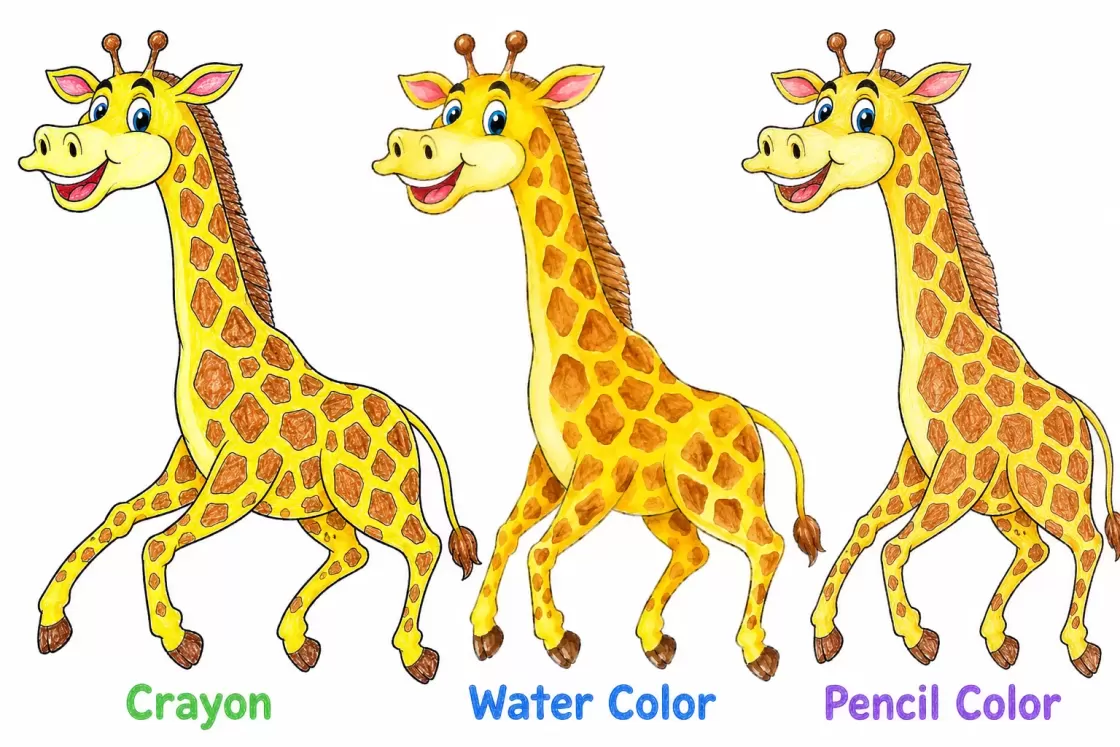 Three Giraffes and Coloring Mediums Three cartoon giraffes side-by-side, each illustrating a different coloring medium: crayon, watercolor, and pencil color.