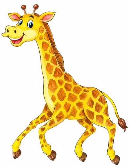 A cheerful cartoon giraffe with yellow fur and brown spots, walking with its mouth open and a happy expression.