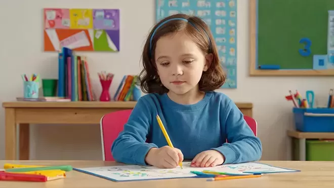 A young girl with wavy brown hair and a blue headband sitting at a wooden desk, focused on coloring a worksheet with a yellow pencil in a bright classroom.