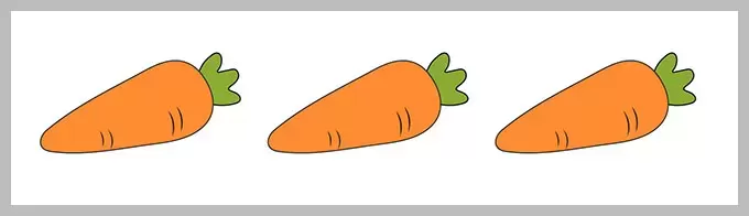 A simple cartoon illustration of three orange carrots with green tops, arranged horizontally against a white background.