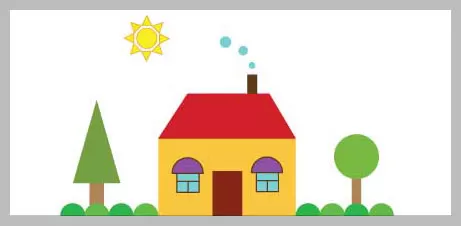 A simple illustration of a yellow house with a red roof, two windows with purple arches, a brown door, a brown chimney with blue smoke, a green triangular tree on the left, a green circular