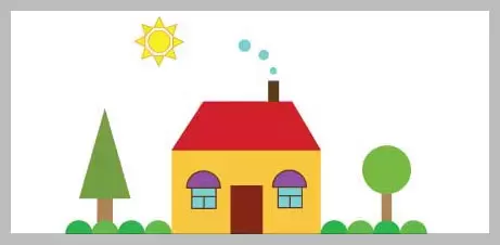 A simple illustration of a yellow house with a red roof, two windows with purple arches, a brown door, a brown chimney with blue smoke, a green triangular tree on the left, a green circular