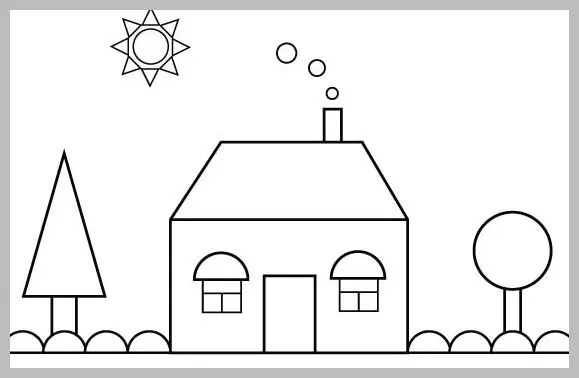 A black and white line drawing of a house with a chimney, two windows, a door, a triangular tree, a circular tree, and a sun with rays.