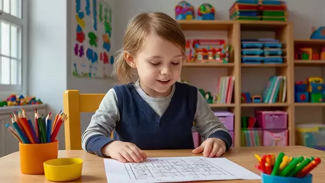 A young girl with blonde hair tied back, wearing a navy sweater vest over a grey long-sleeve shirt, sits at a wooden table smiling as she works on a printed maze worksheet. The background sh