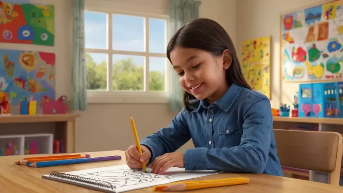 Smiling young girl completing a learning worksheet at her classroom desk