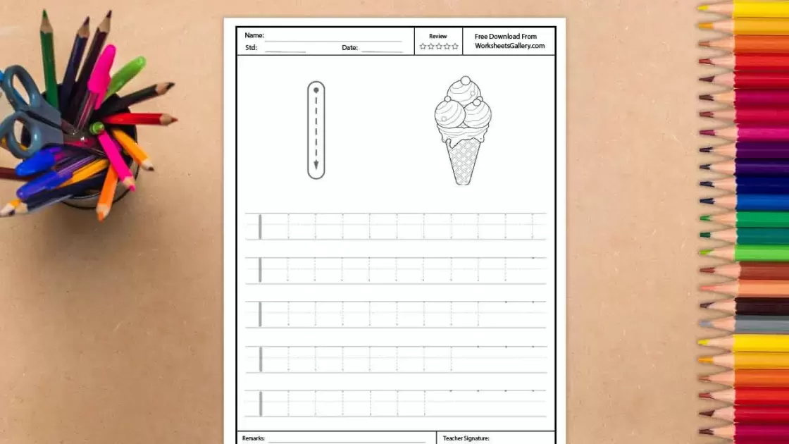 A printable handwriting worksheet showing the uppercase letter I with directional arrows for tracing, positioned next to a black and white drawing of a three-scoop ice cream cone, set on a d