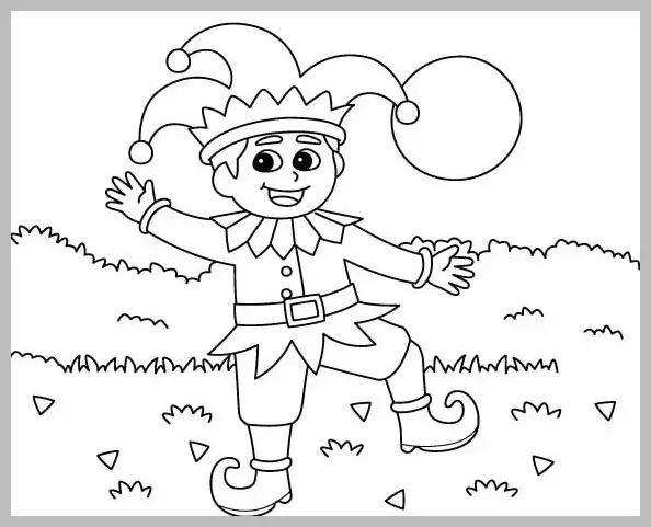 A black and white outline drawing of a happy jester character with a pointed hat and bells, standing in a field with wavy grass and small triangles.