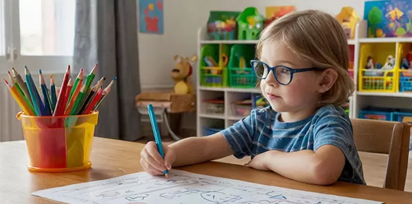A young child with blonde hair and blue glasses, wearing a striped shirt, sits at a wooden table and focuses on drawing with a blue pencil on a white worksheet. A colorful cup of pencils is