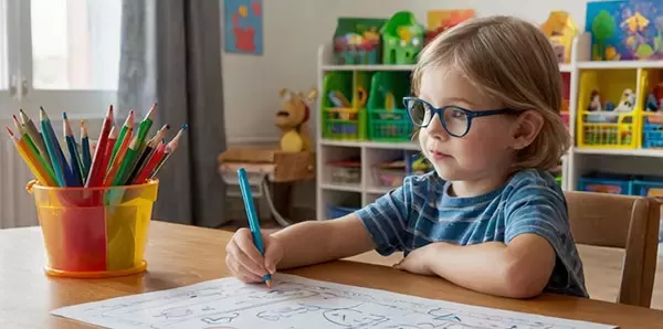 A young child with blonde hair and blue glasses, wearing a striped shirt, sits at a wooden table and focuses on drawing with a blue pencil on a white worksheet. A colorful cup of pencils is