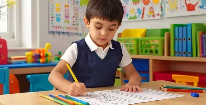 A young boy with dark hair, wearing a white shirt and a dark blue vest, is focused on writing with a yellow pencil on a worksheet at a wooden desk in a classroom. There are colored pencils a
