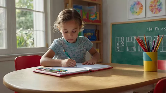 Young student focused on writing in a notebook while sitting at a classroom table