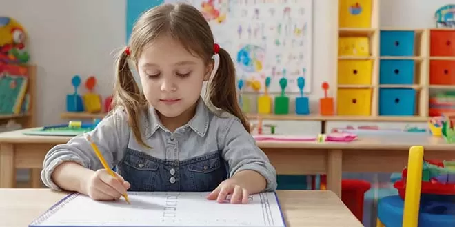 A young girl with blonde hair in pigtails, wearing a denim shirt, sits at a wooden desk in a classroom and writes on a worksheet with a yellow pencil.