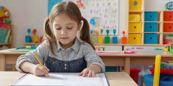Young Girl Writing in Classroom A young girl with blonde hair in pigtails, wearing a denim shirt, sits at a wooden desk in a classroom and writes on a worksheet with a yellow pencil.