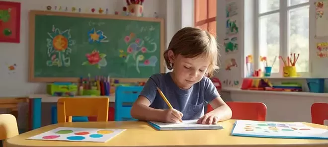 A young child with blonde hair, wearing a blue t-shirt, is seated at a yellow table in a classroom, diligently writing in a notebook with a yellow pencil. Colorful drawings are visible on a