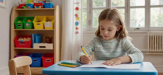 A primary-age girl with blonde hair wearing a striped shirt sits at a blue plastic table, holding a yellow pencil over a white notebook with a wooden toy shelf in the background.
