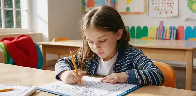 A young girl with long brown hair and a striped navy sweater sitting at a school desk while writing on a paper with an orange pencil.