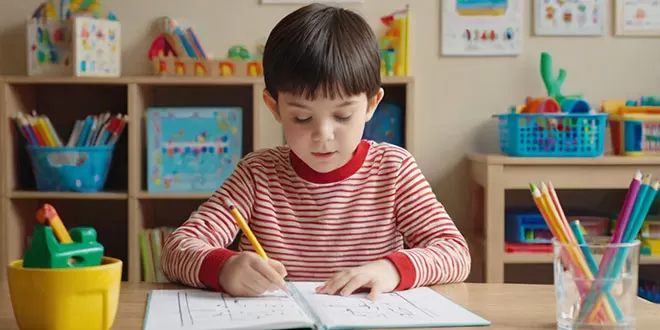 A young boy with dark hair, wearing a red and white striped shirt, is focused on writing with a yellow pencil on a worksheet at a wooden desk in a classroom setting.