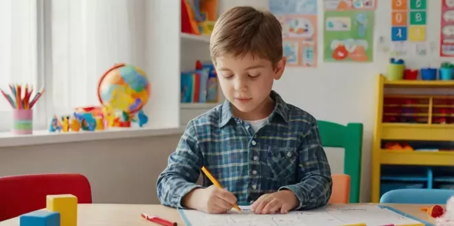 A young boy with brown hair, wearing a blue plaid shirt, is focused on drawing with a yellow pencil on a worksheet at a wooden desk in a classroom.