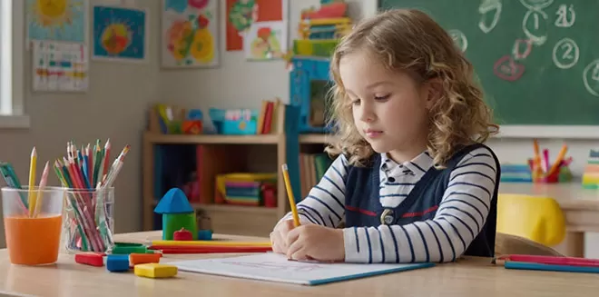 A young girl with blonde curly hair, wearing a striped shirt and a dark vest, is focused on drawing with a yellow pencil on a white sheet of paper at a wooden desk. The classroom is bright a
