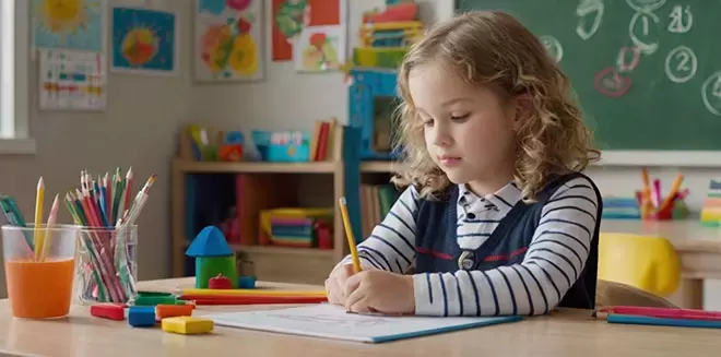 A young girl with blonde curly hair, wearing a striped shirt and a dark vest, is focused on drawing with a yellow pencil on a white sheet of paper at a wooden desk. The classroom is bright a