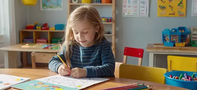 A young girl with blonde hair is focused on drawing with a yellow pencil on a worksheet at a wooden table in a classroom.