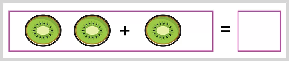 Printable worksheet featuring kiwi slices for a simple picture addition activity for young learners