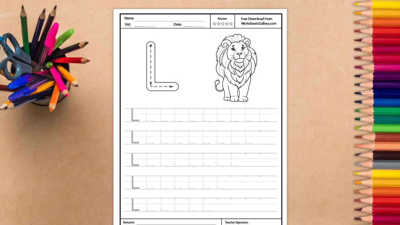 An educational handwriting worksheet featuring a large uppercase letter L with instructional arrows next to a black and white line drawing of a sitting lion, with multiple rows of dotted let