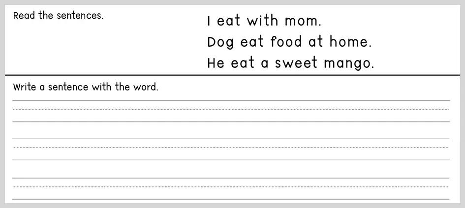 Build Sentences with Sight Word “Eat” Worksheet Children practicing the sight word eat by reading and forming simple sentences on a worksheet