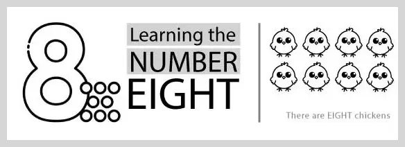 Illustration of the number 8 with dots and eight chickens.