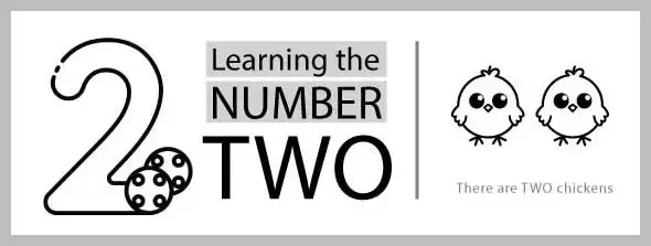 Illustration of the number 2 with two circles, the words 'Learning the NUMBER TWO', and two cartoon chickens.