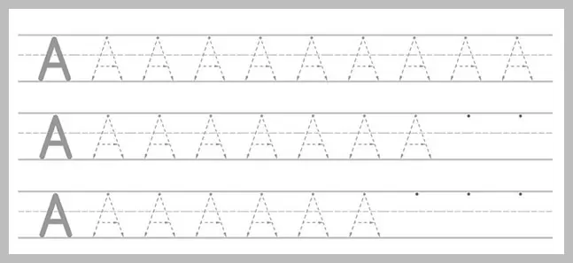 A tracing worksheet showing three rows of the uppercase letter A. The first letter in each row is a solid 'A', followed by multiple dotted 'A's for tracing practice. The last few spaces in t