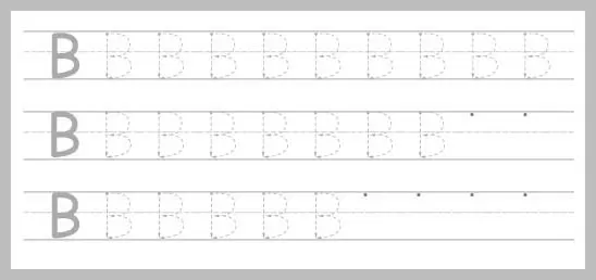A worksheet with three rows of dotted letter B's for tracing practice.
