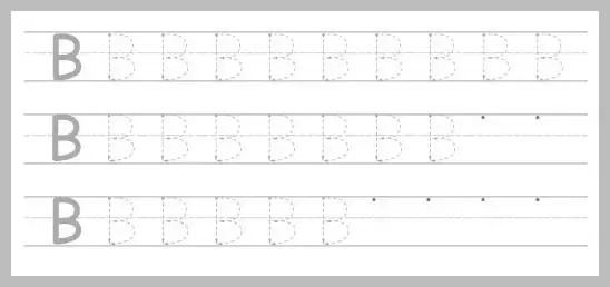 A worksheet with three rows of dotted letter B's for tracing practice. A worksheet with three rows of dotted letter B's for tracing practice.