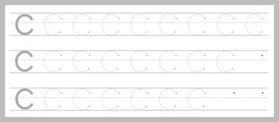 A worksheet with three rows of dotted letter C's for tracing practice.