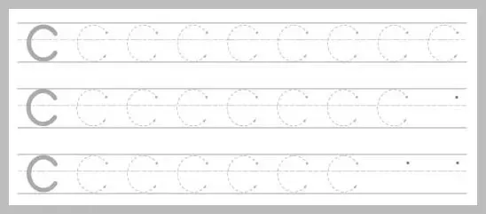 A worksheet with three rows of dotted letter C's for tracing practice.