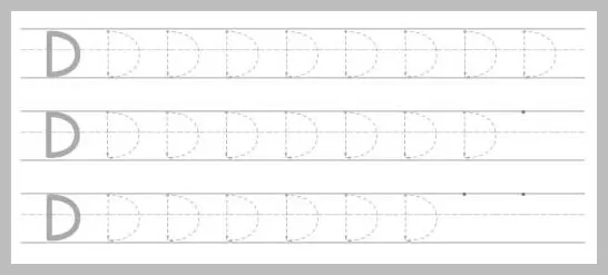 A worksheet with three rows of dotted uppercase letter D's for tracing practice, with solid D's at the beginning of each row.