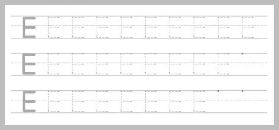 A white worksheet with three rows of uppercase letter E's for tracing practice. Each row starts with a solid grey 'E' followed by several dotted 'E's.