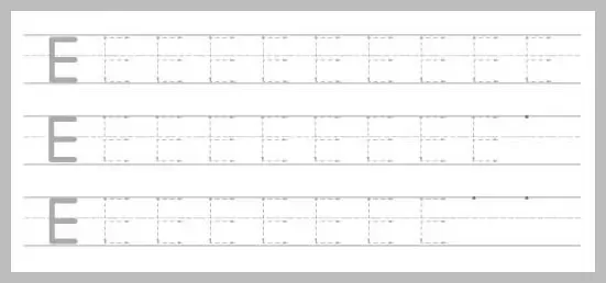 A white worksheet with three rows of uppercase letter E's for tracing practice. Each row starts with a solid grey 'E' followed by several dotted 'E's.