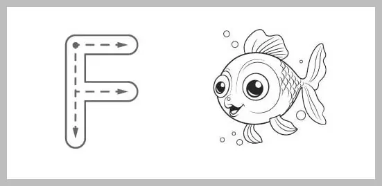 A black and white worksheet for tracing the uppercase letter F, featuring a large outlined F with dotted lines and directional arrows, next to a cute cartoon fish illustration.