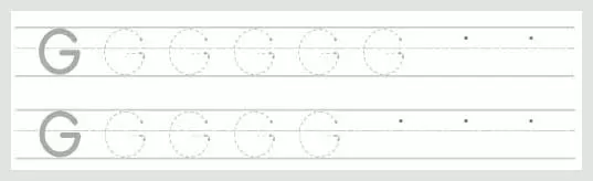 A worksheet with two rows of dotted uppercase G's for tracing practice, with solid G's at the beginning of each row and dots indicating starting points.