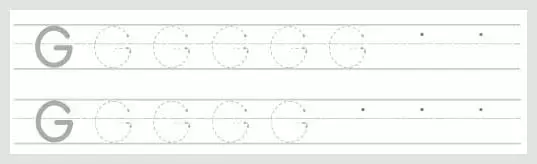 A worksheet with two rows of dotted uppercase G's for tracing practice, with solid G's at the beginning of each row and dots indicating starting points.