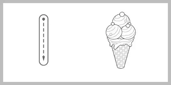 A black and white line drawing for educational use showing a vertical dotted line inside a capsule shape with a directional arrow, next to a detailed drawing of a three-scoop ice cream cone.